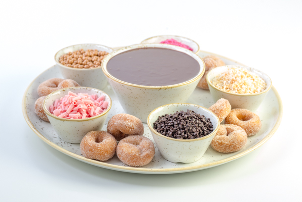 Fresh mini doughnuts to dip in real chocolate sauce and textures