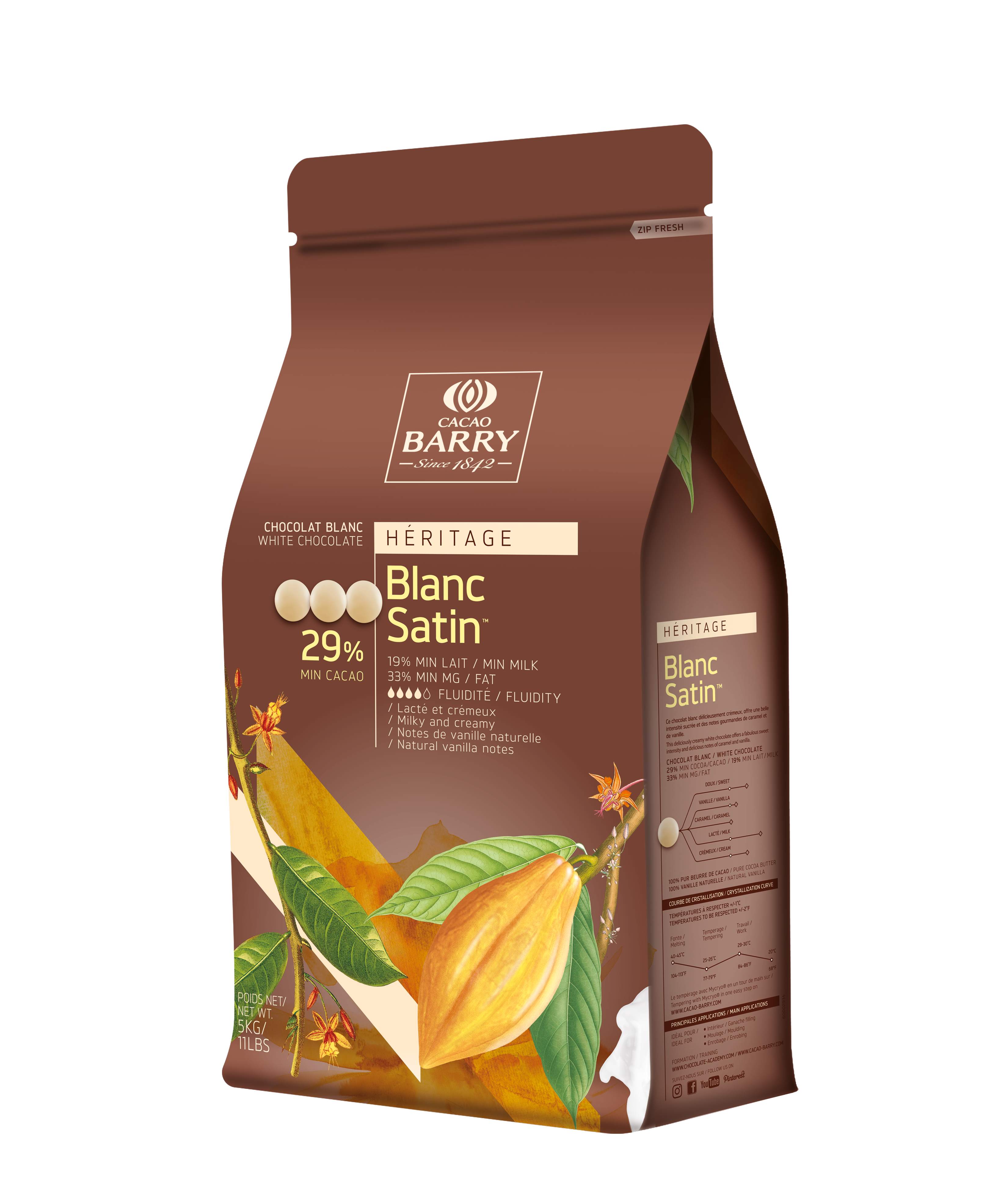 Couverture chocolat blanc Satin 29,2% plaque de 2.5 kg - Cacao Barry